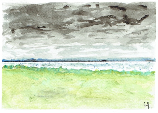 Mar y prado en acuarela